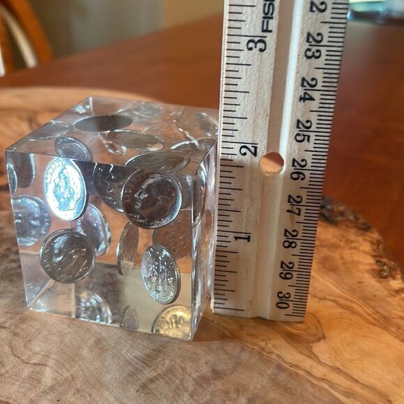 Vintage 70's Mid-Century Lucite & Dime Incapsulated Paperweight/Accent Piece - Picture 6 of 7